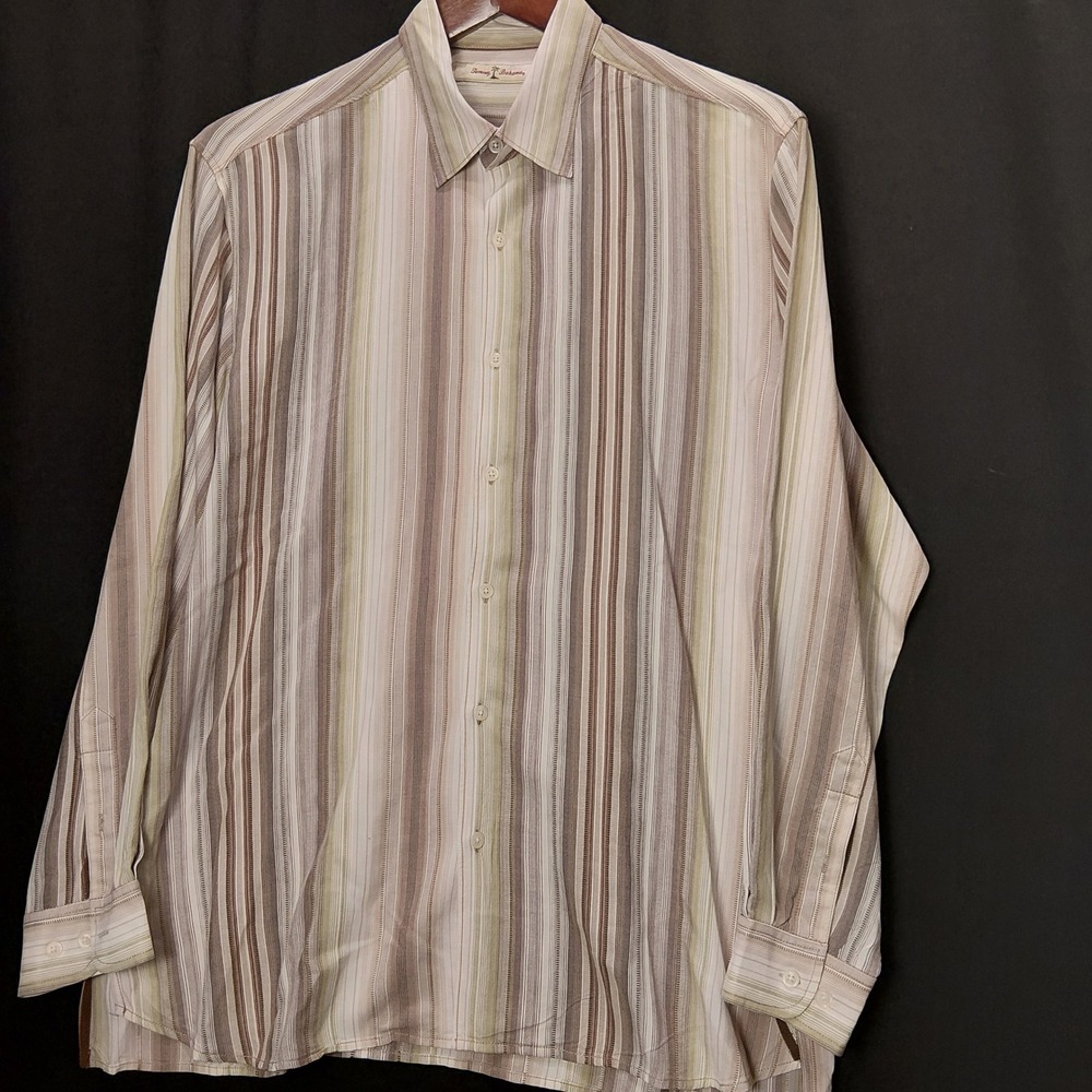 Tommy Bahama Mens L 100% Tencel Lyocell Striped Long Sleeve Button Down Shirt